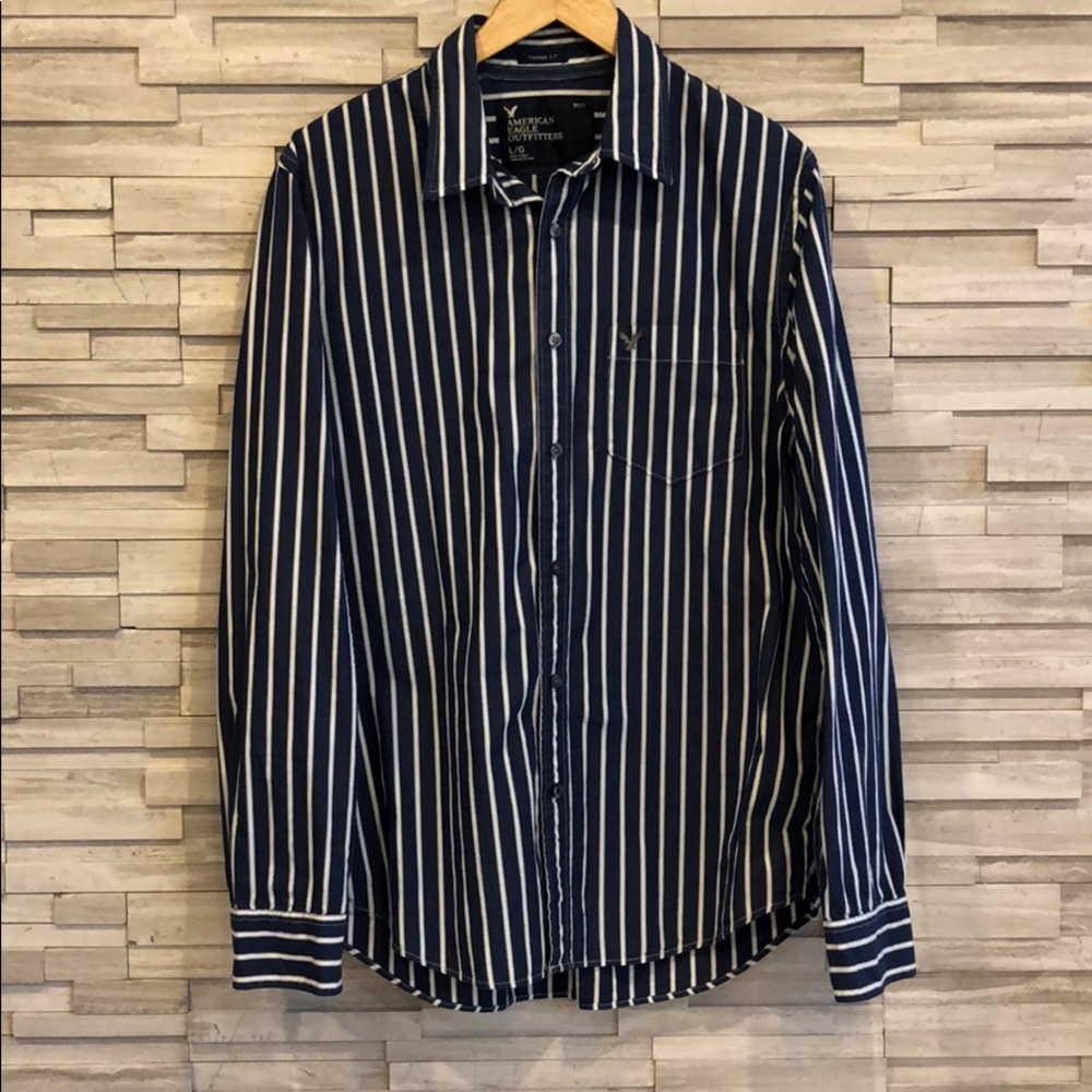 AE Men’s Casual Button Up in Dark Blue Stripes, Lg